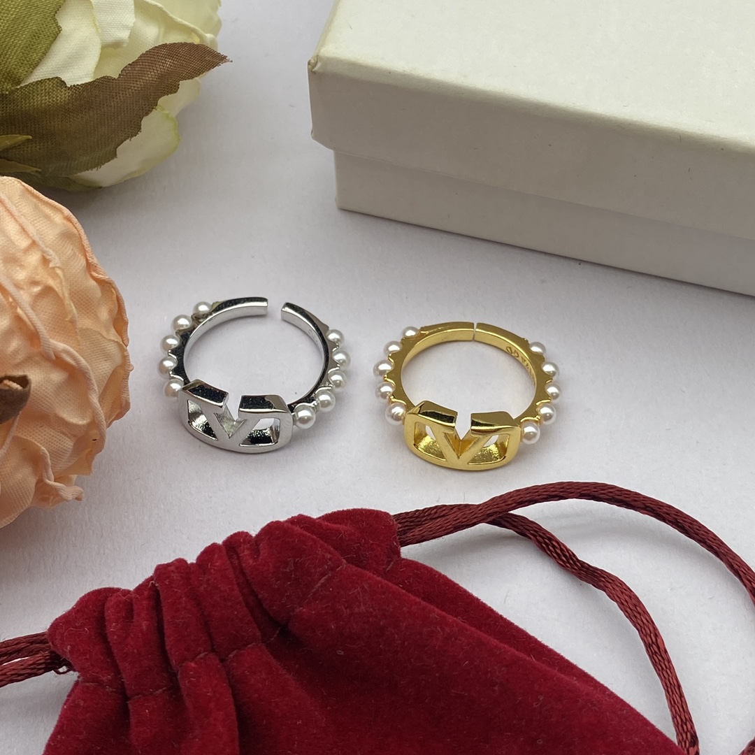 Valentino Jewelry Rings Square V-Logo Adjustable Ring With Pearls