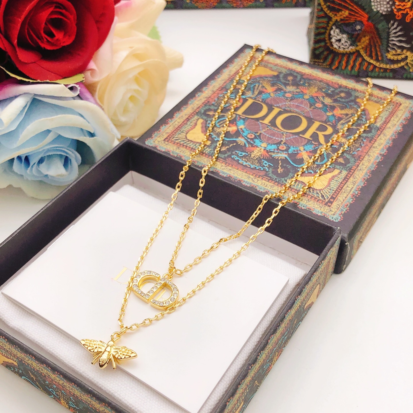 Dior Jewelry Necklace Golden full diamond CD bee pendant double necklace