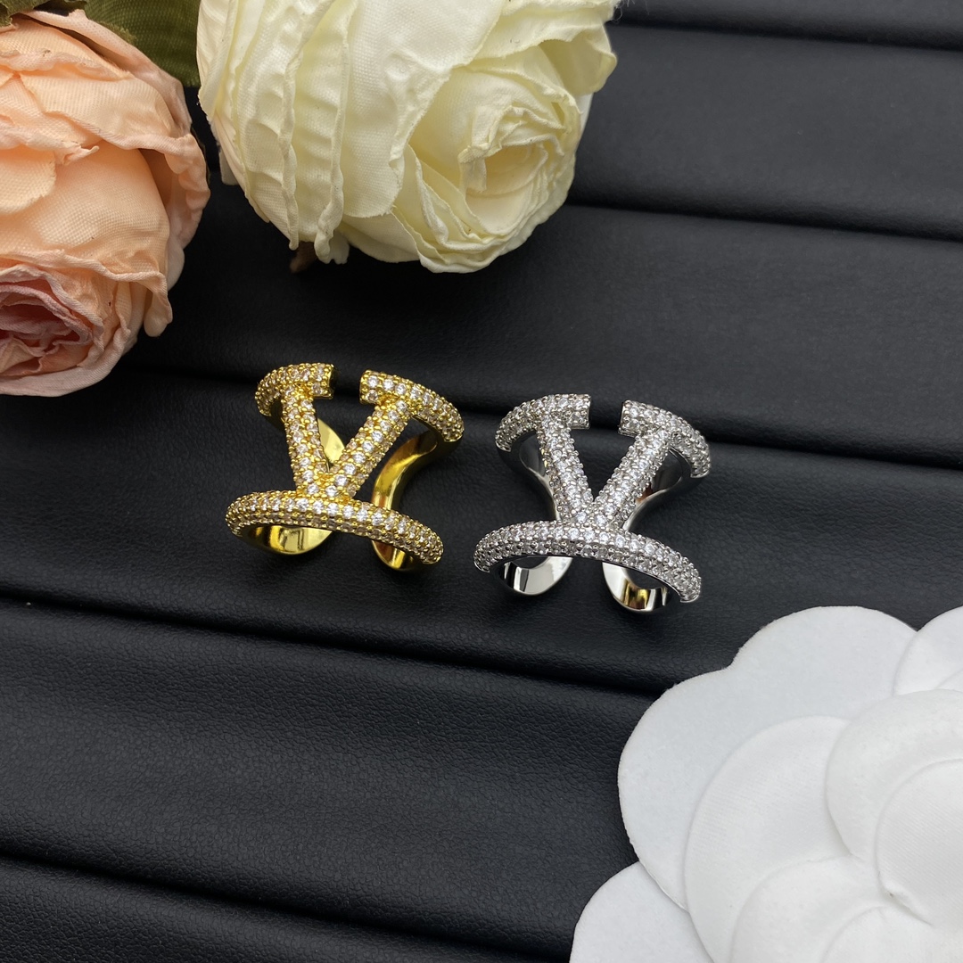 Valentino Jewelry Rings Rhinestone Full-Diamond Large V-Logo Wide Adjustable Ring