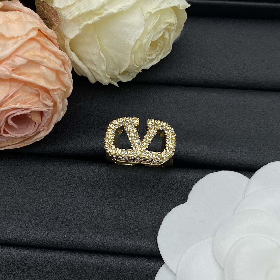 Valentino Jewelry Rings Rhinestone Full-Diamond V-Logo Adjustable Ring