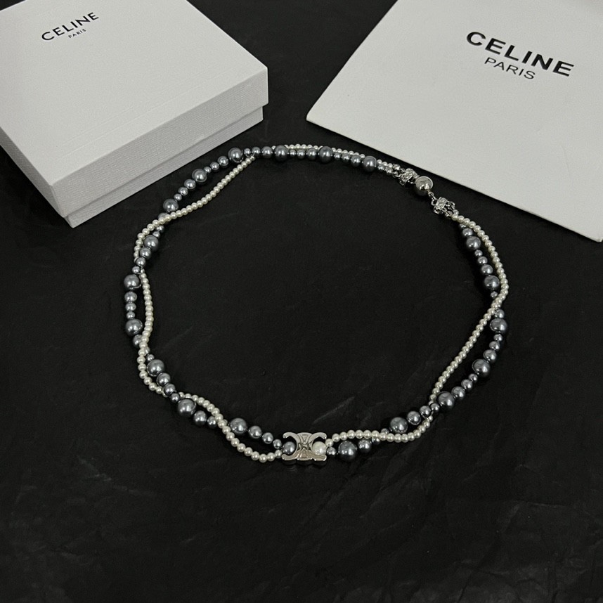 Celine Jewelry Necklace Pearl steel ball double-layer design