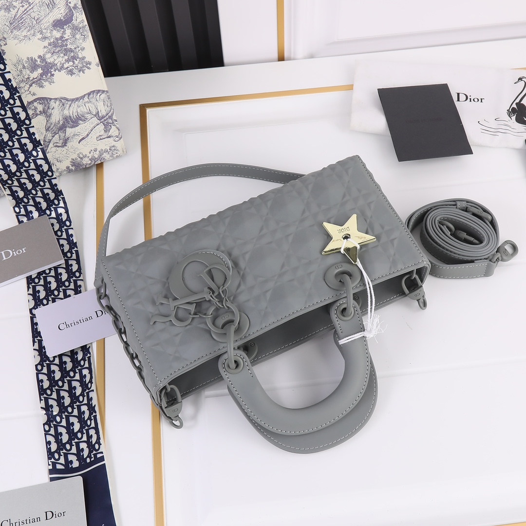 Medium Lady D-Joy Bag Gray with Diamond Motif 2099 XB012 26cm