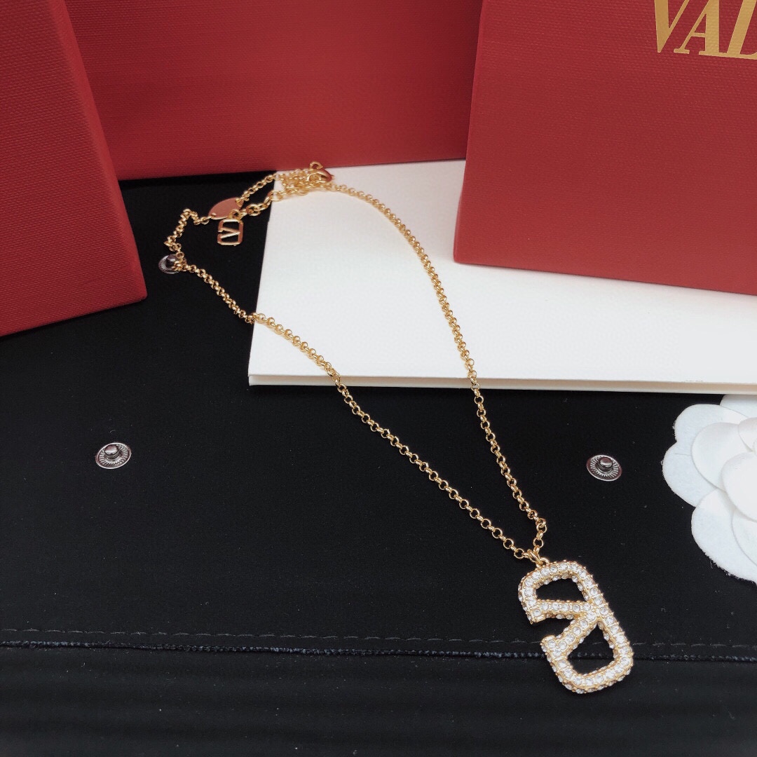 Valentino Necklace Diamond-Encrusted V-Shaped Logo Necklace Jewelry