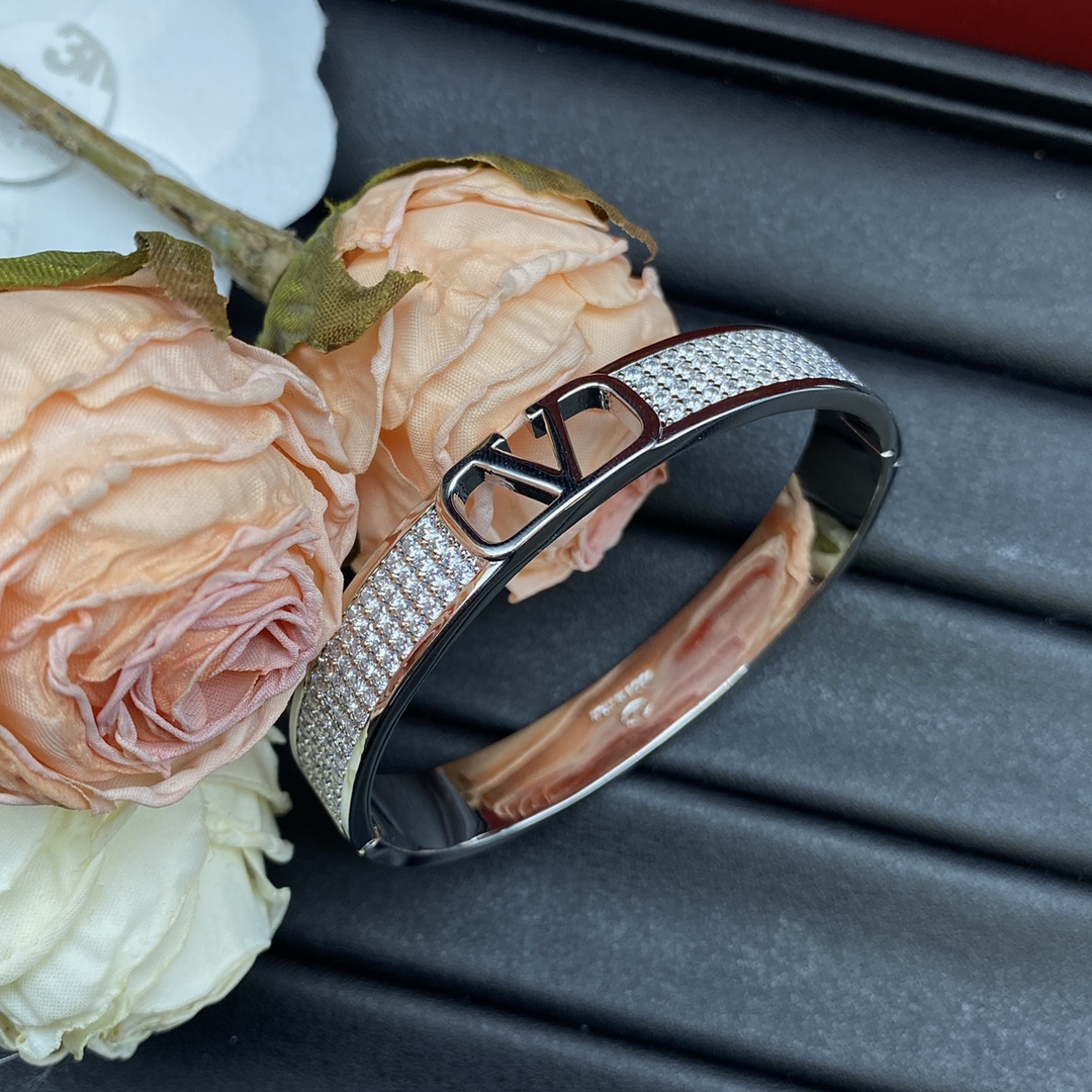Valentino Jewelry Bangle Hollow-Out V-Logo Bangle With Full Diamonds