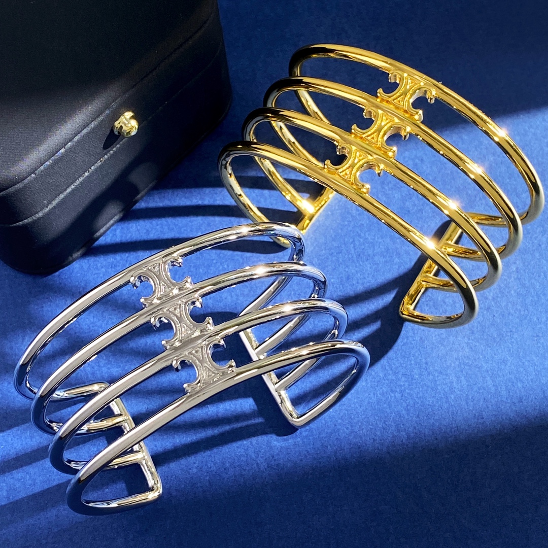 Celine Jewelry Bangle Arc de Triomphe Smooth Hollow C-shaped Wide Plate Opening