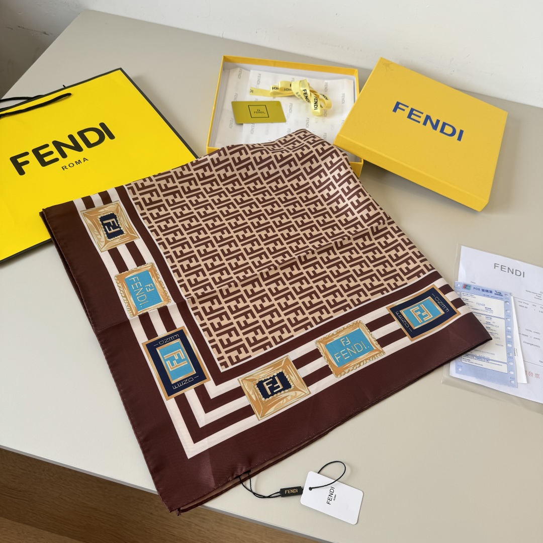 Fendi Scarf FF Lettering Printed Square Scarf 100% Silk 90*90cm Accessories