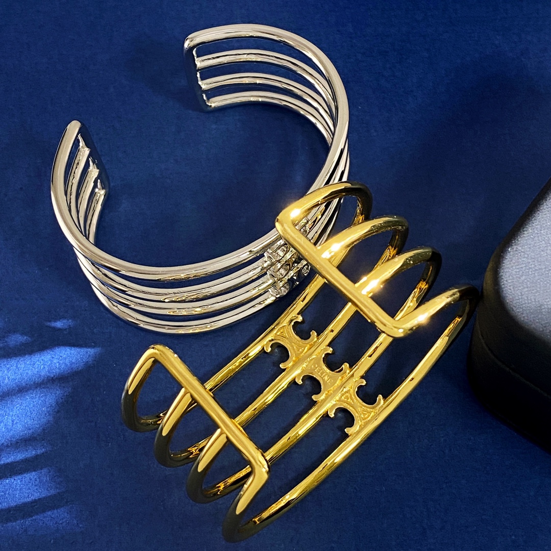 Celine Jewelry Bangle Arc de Triomphe Smooth Hollow C-shaped Wide Plate Opening