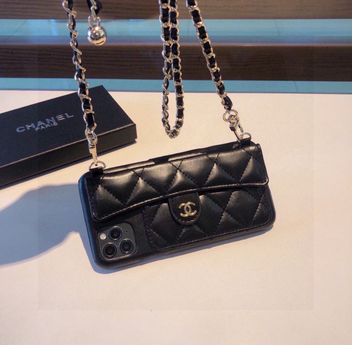 Chanel Phone Case Lambskin Phone Case With Double C Small Gold Ball And Flip Cover For Card Slot Accessories