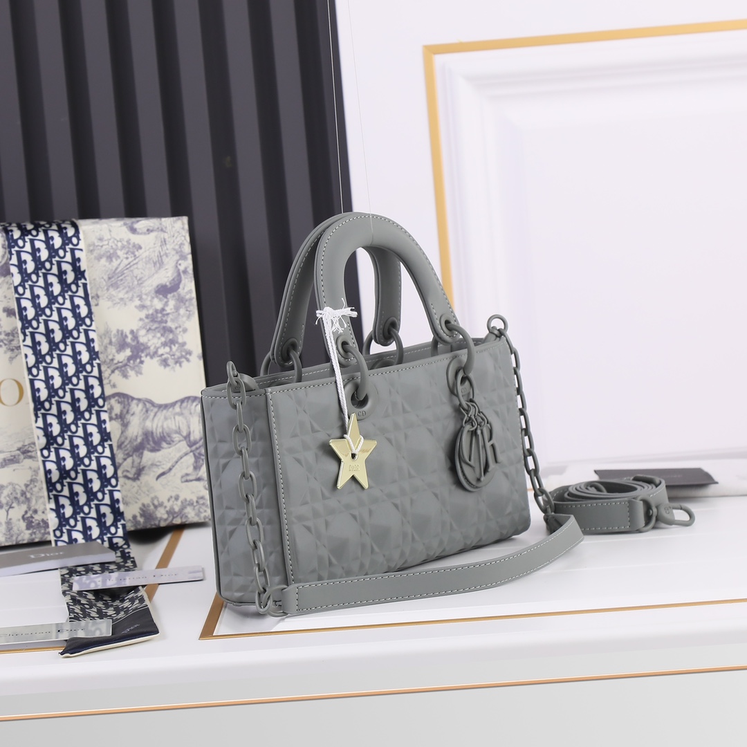 Medium Lady D-Joy Bag Gray with Diamond Motif 2099 XB012 26cm