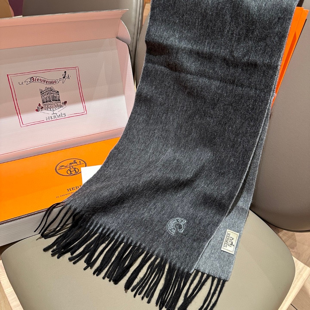 Hermes Scarf Embroidered Tassel Scarf 100% Wool 30*180cm Accessories