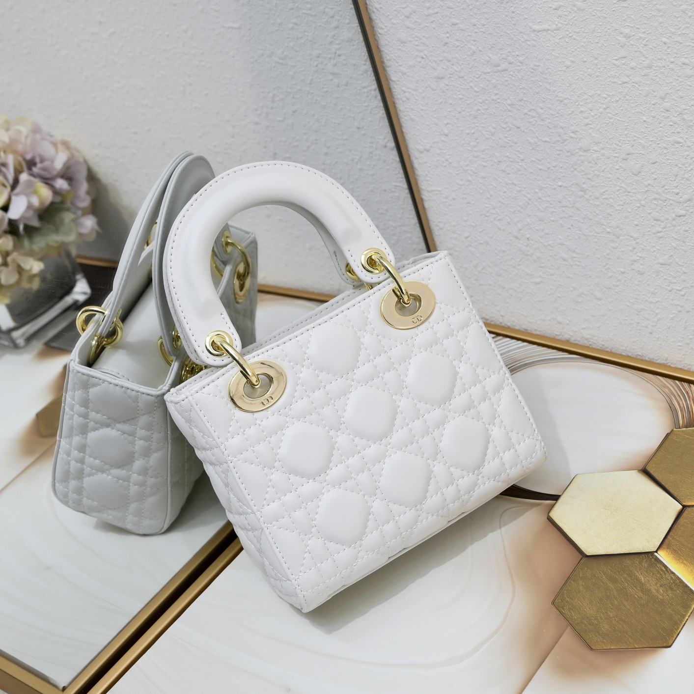 Mini Lady Dior Bag White Sheepskin 2077 LM051 17cm