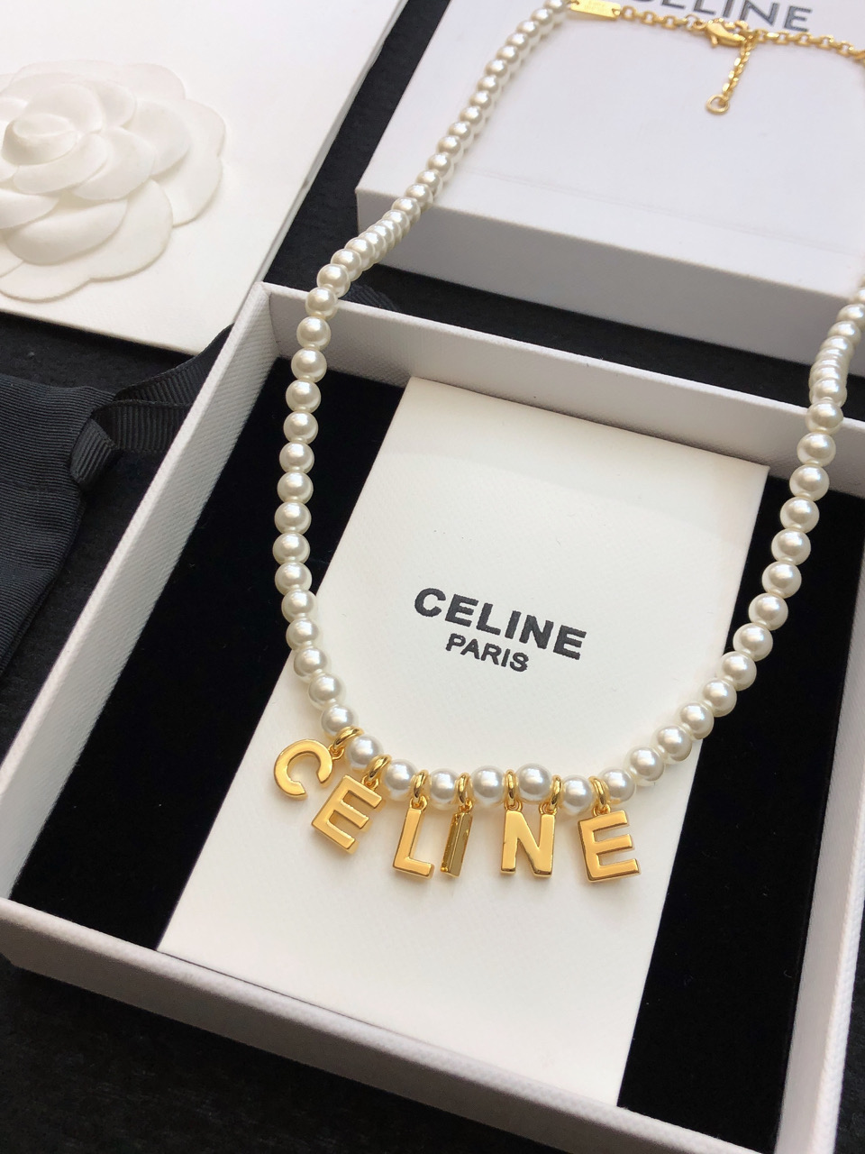 Celine Jewelry Necklace Pearl letter necklace with small pearls and small gold logo letters