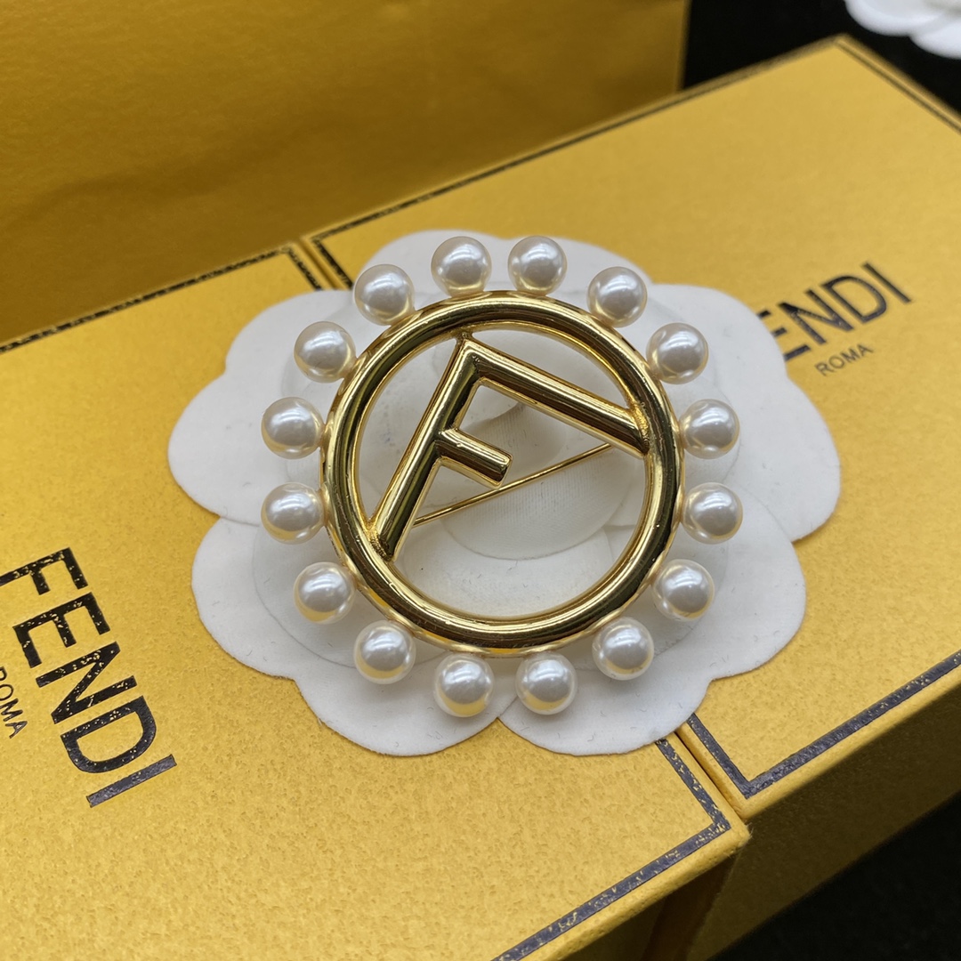 Fendi Jewelry Brooches Letter Hollow Pearl Surrounding