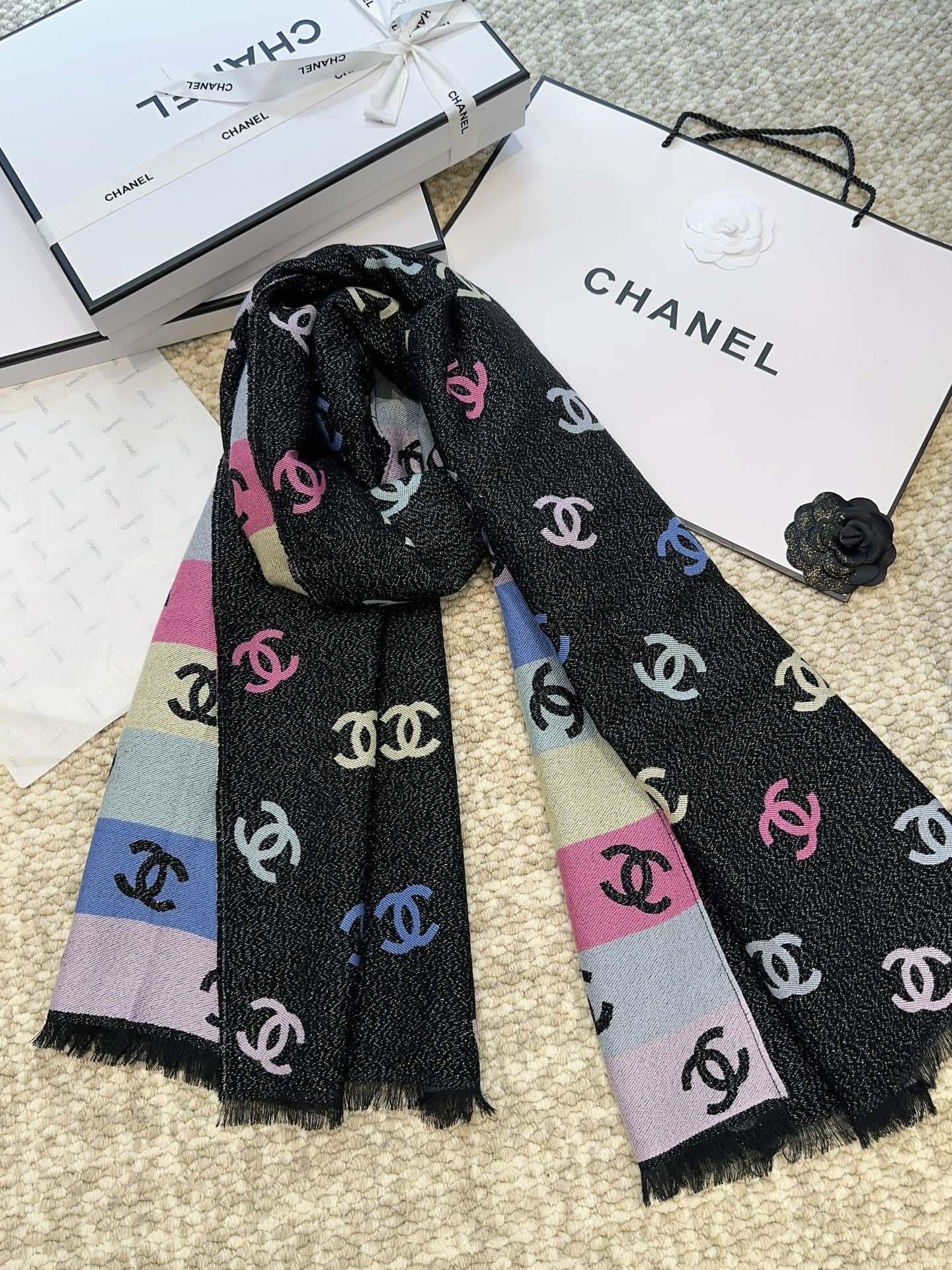 Chanel Scarf Rainbow Scarf 66% Cashmere 18% Cotton 12% Wool 2% Silk 2% Metallized Fiber 2% Polyester 69*187cm Accessories