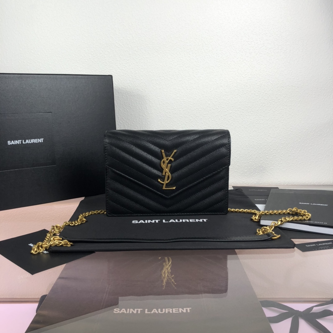 YSL CASSANDRE SAINT LAURENT MATELASSÉ ENVELOPE CHAIN WALLET IN GRAIN DE POUDRE EMBOSSED LEATHER 19CM