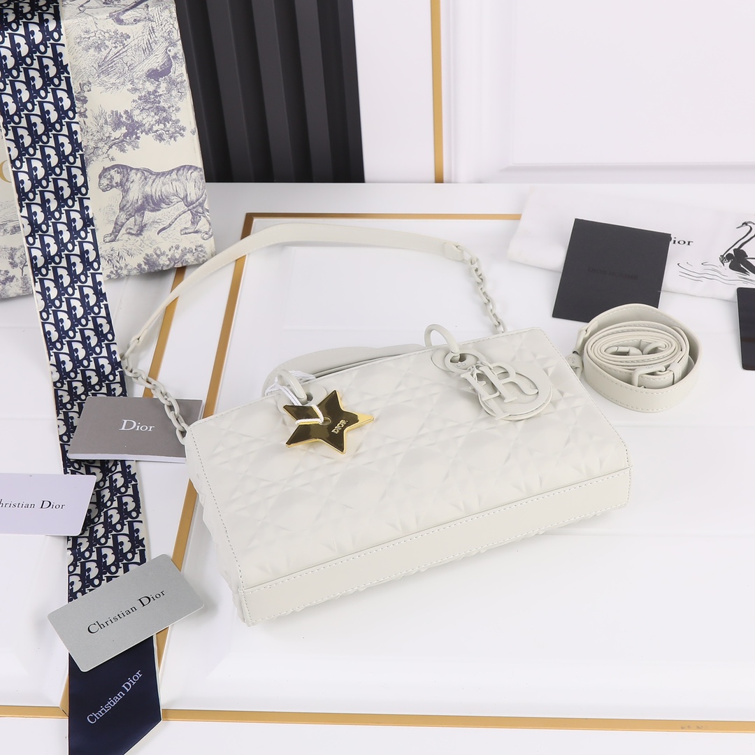 Medium Lady D-Joy Bag White with Diamond Motif 2099 XB012 26cm