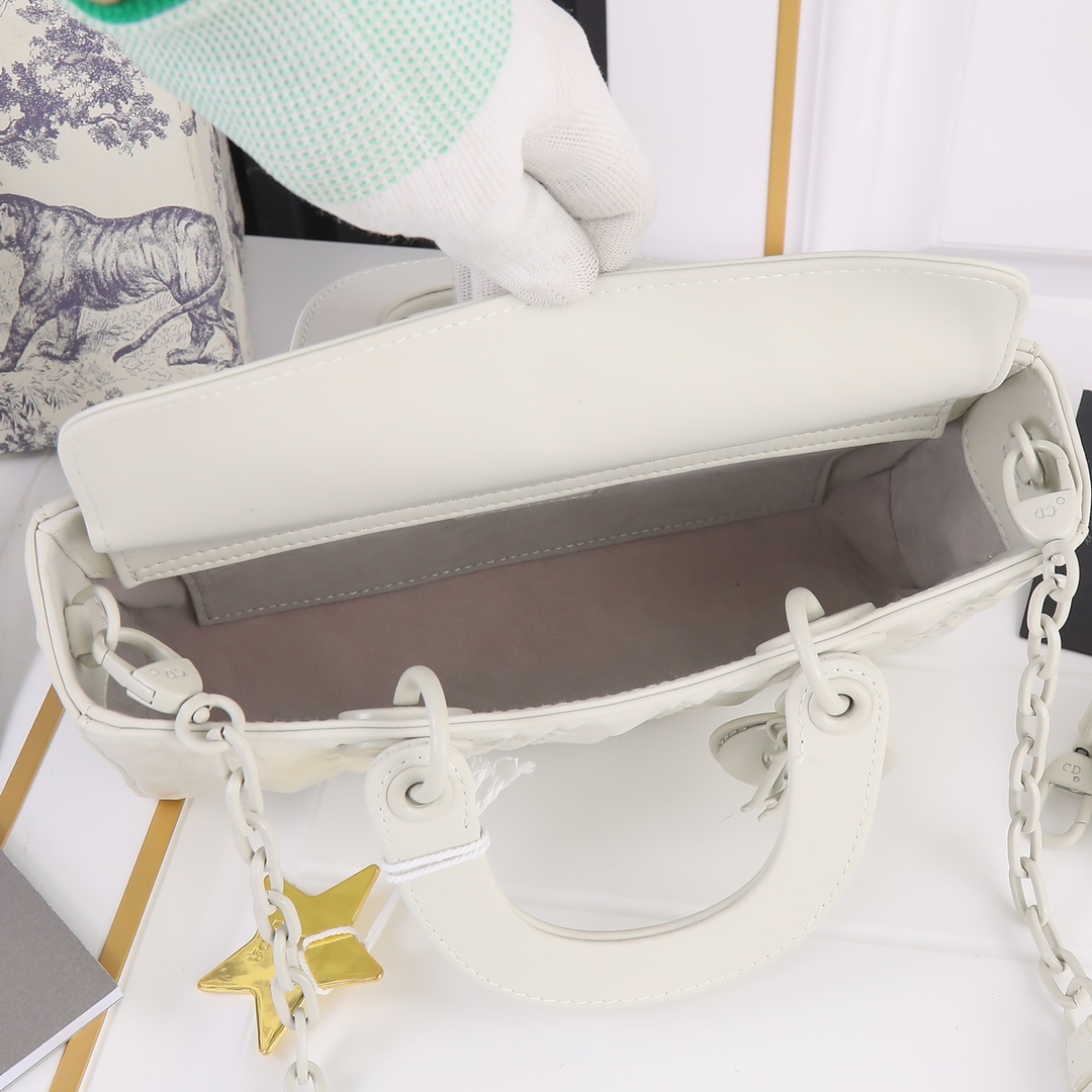 Medium Lady D-Joy Bag White with Diamond Motif 2099 XB012 26cm