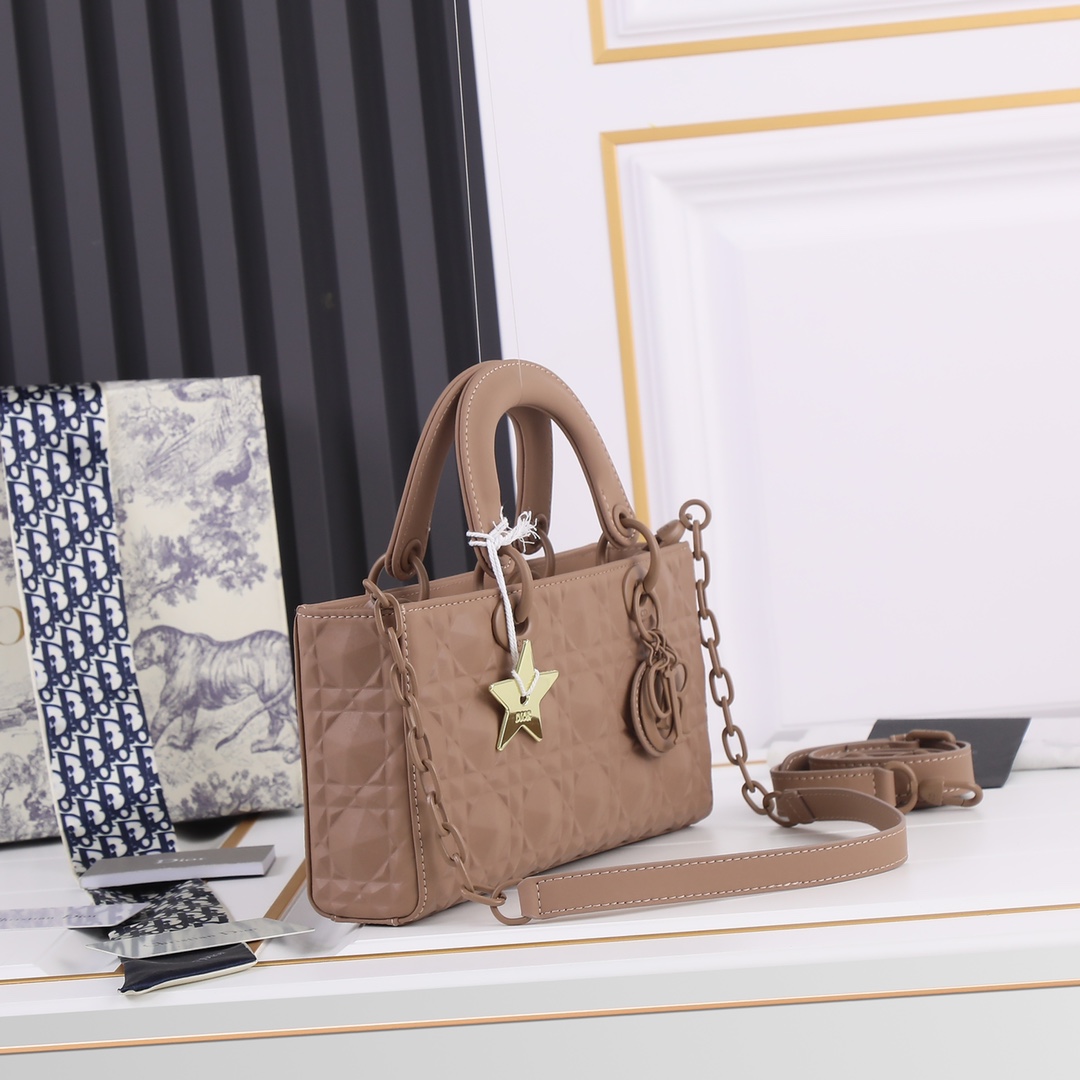 Medium Lady D-Joy Bag Khaki with Diamond Motif 2099 XB012 26cm