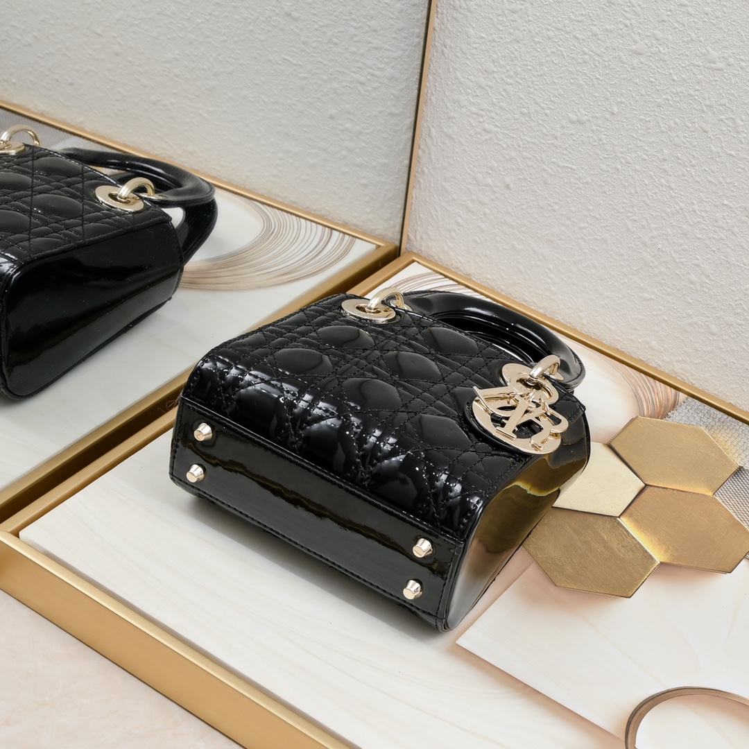 Mini Lady Dior Bag Black gold patent leather CD2025 XB071 17cm