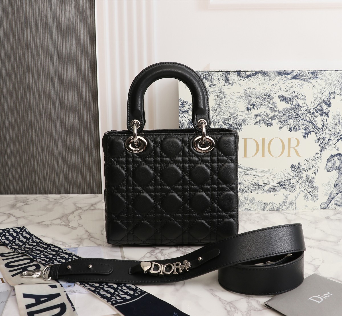 Small Lady Dior My ABCDior Bag Black Silver Sheepskin 1022 LM061 20cm