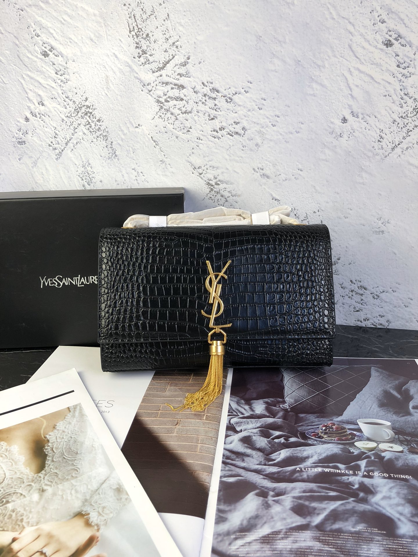 YSL KATE MEDIUM CHAIN BAG WITH TASSEL IN EMBOSSED CROCODILE SHINY LEATHER
