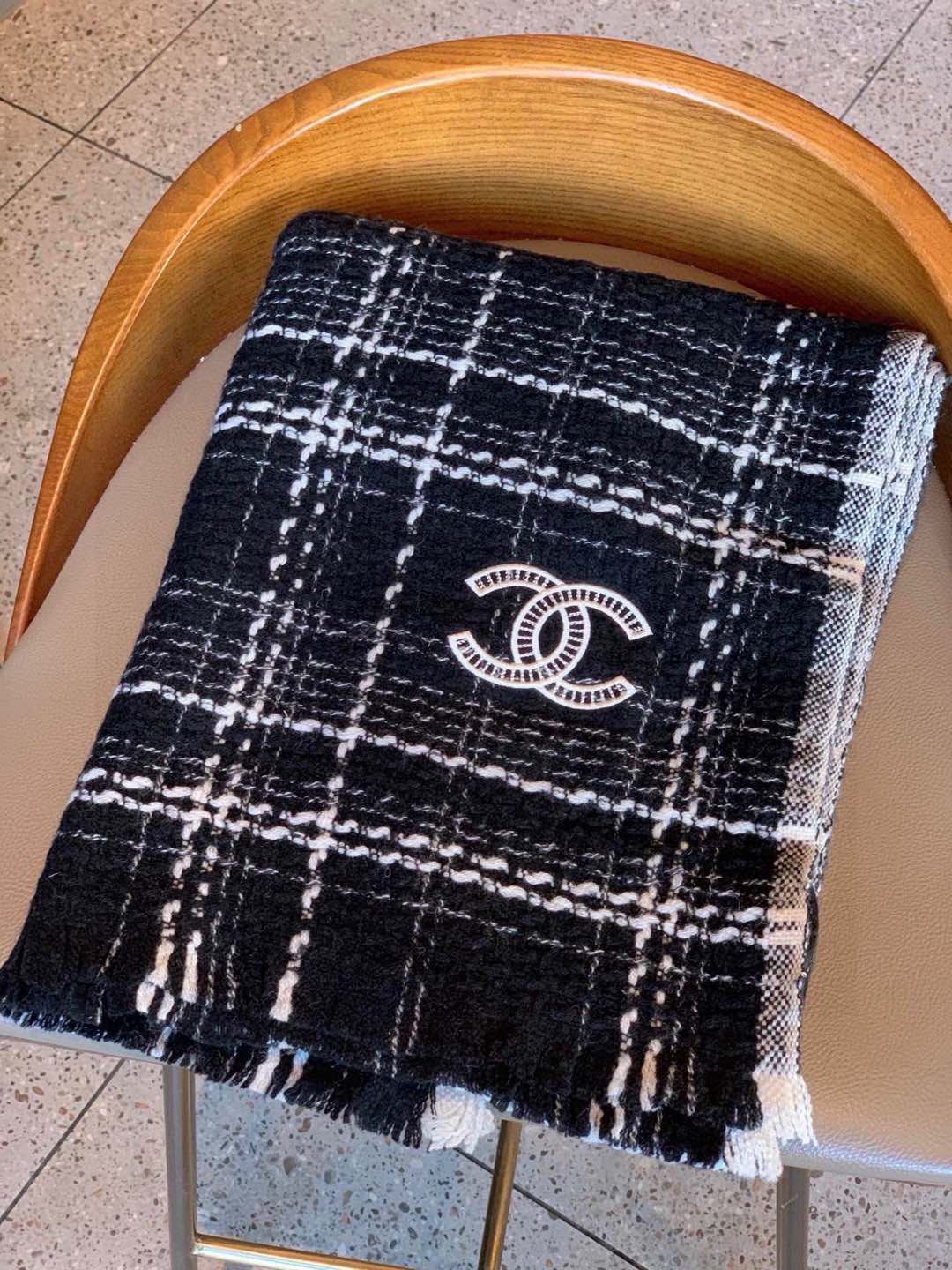 Chanel Scarf Double C Check Shawl 100% Cashmere 45*200cm Accessories