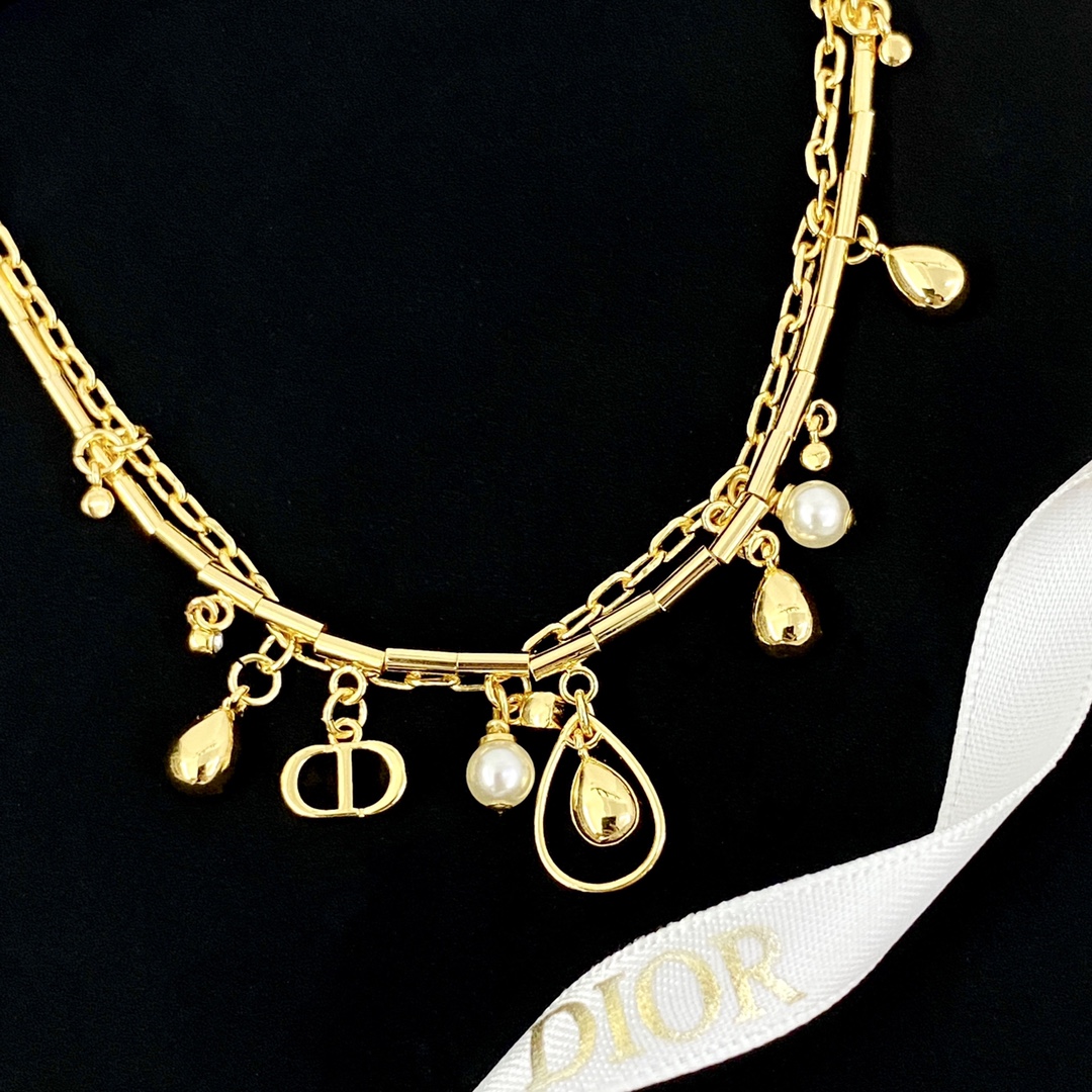 Dior Jewelry Bracelets  Hollow water drop diamond pearl double layer