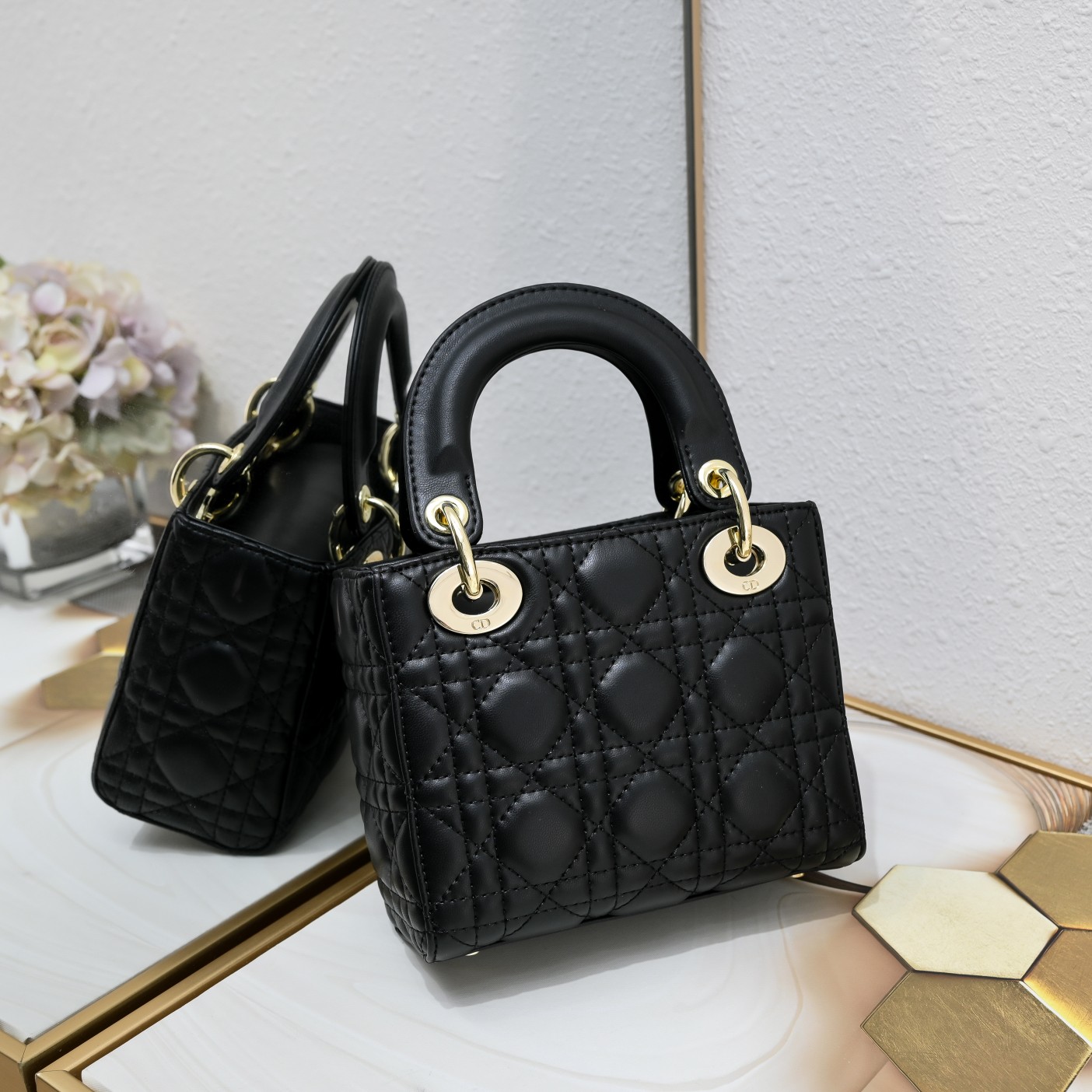 Mini Lady Dior Bag Black Gold Sheepskin 2077 LM051 17cm