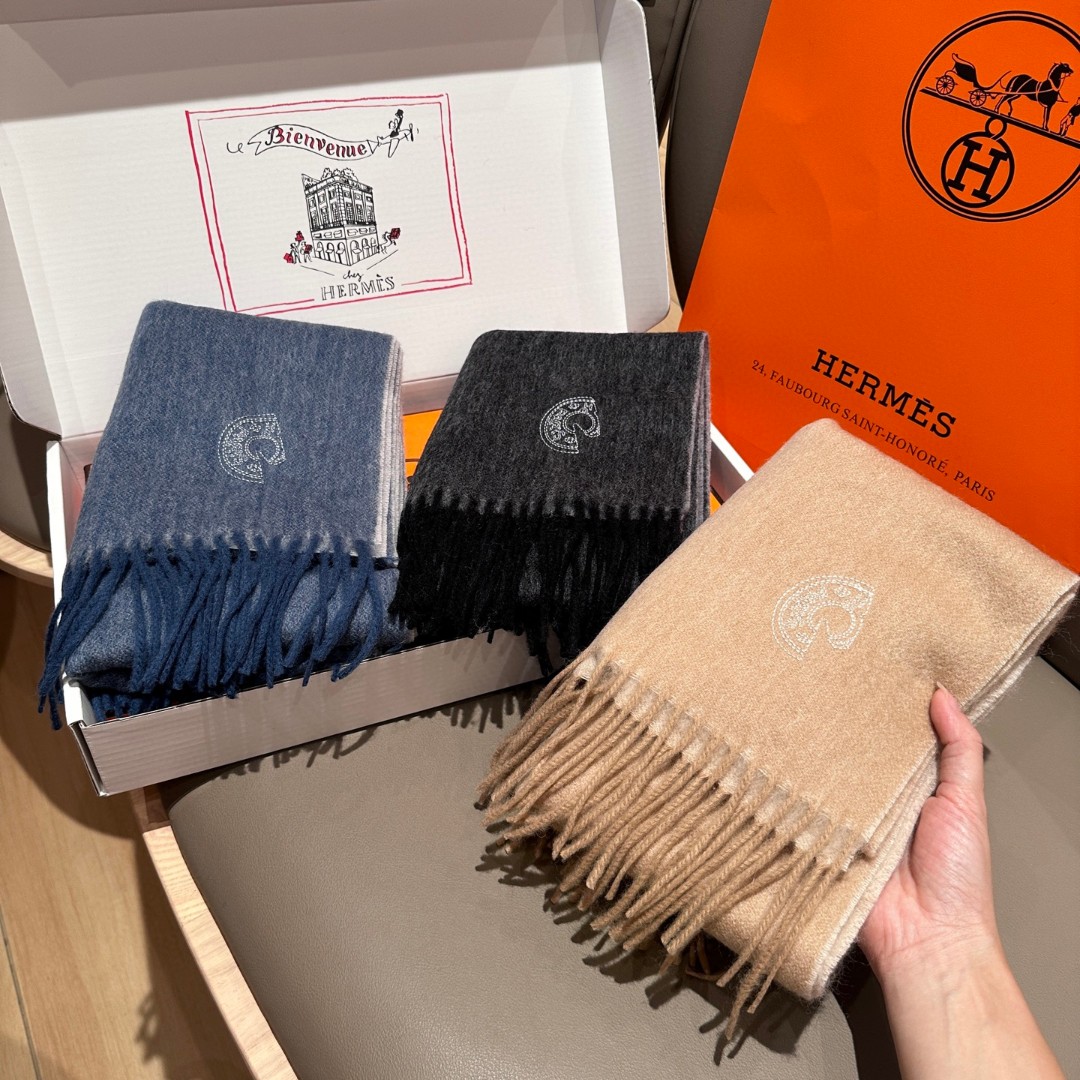 Hermes Scarf Embroidered Tassel Scarf 100% Wool 30*180cm Accessories