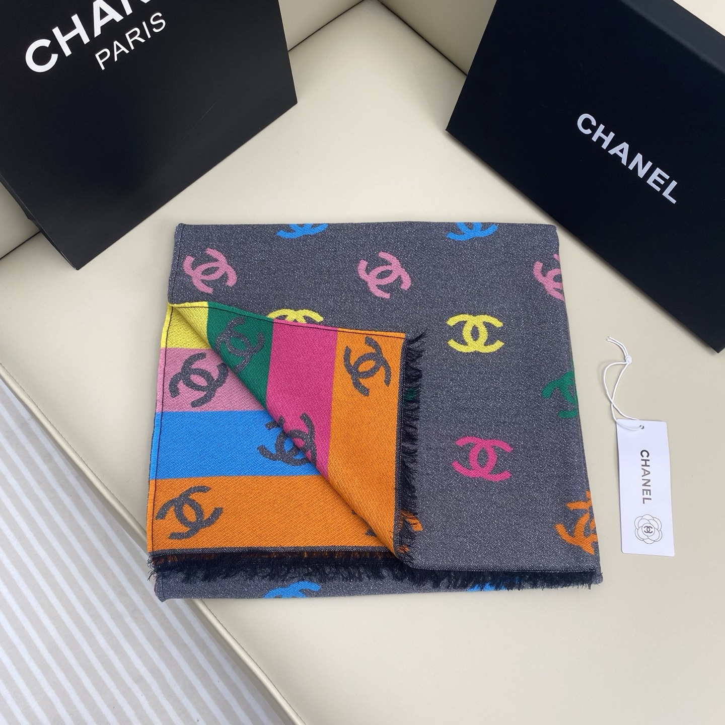 Chanel Scarf Rainbow Shawl 66% Cashmere 18% Sheep Wool 12% Silk 69*187cm Accessories