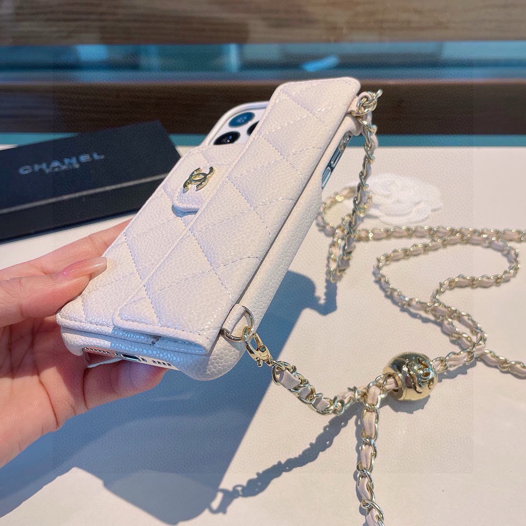 Chanel Phone Case Caviar Leather Phone Case With Double C Small Gold Ball And Flip Cover For Card Slot Accessories