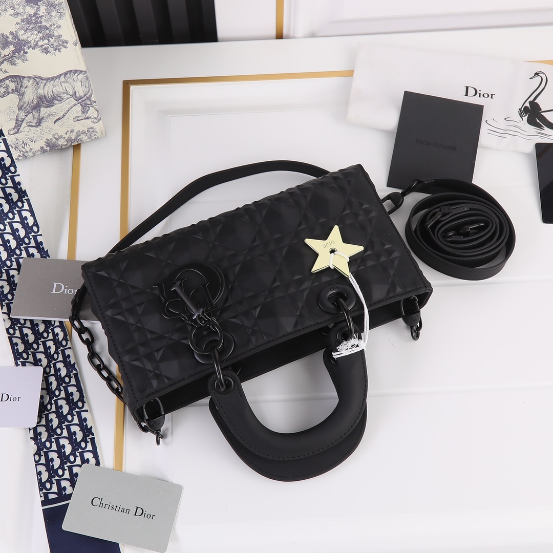 Medium Lady D-Joy Bag Black with Diamond Motif 2099 XB012 26cm