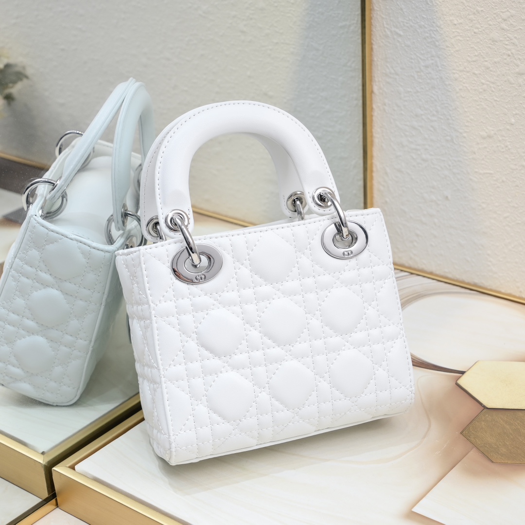 Mini Lady Dior Bag White Silver Sheepskin 2077 LM051 17cm