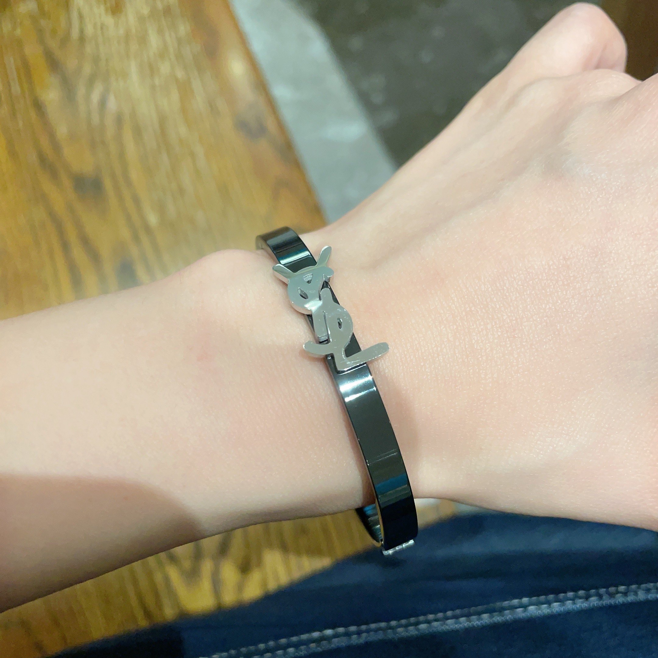 Saint Laurent Jewelry Bangle Carved Letter Narrow Edition Rose Gold with Carbon Black Bracelet