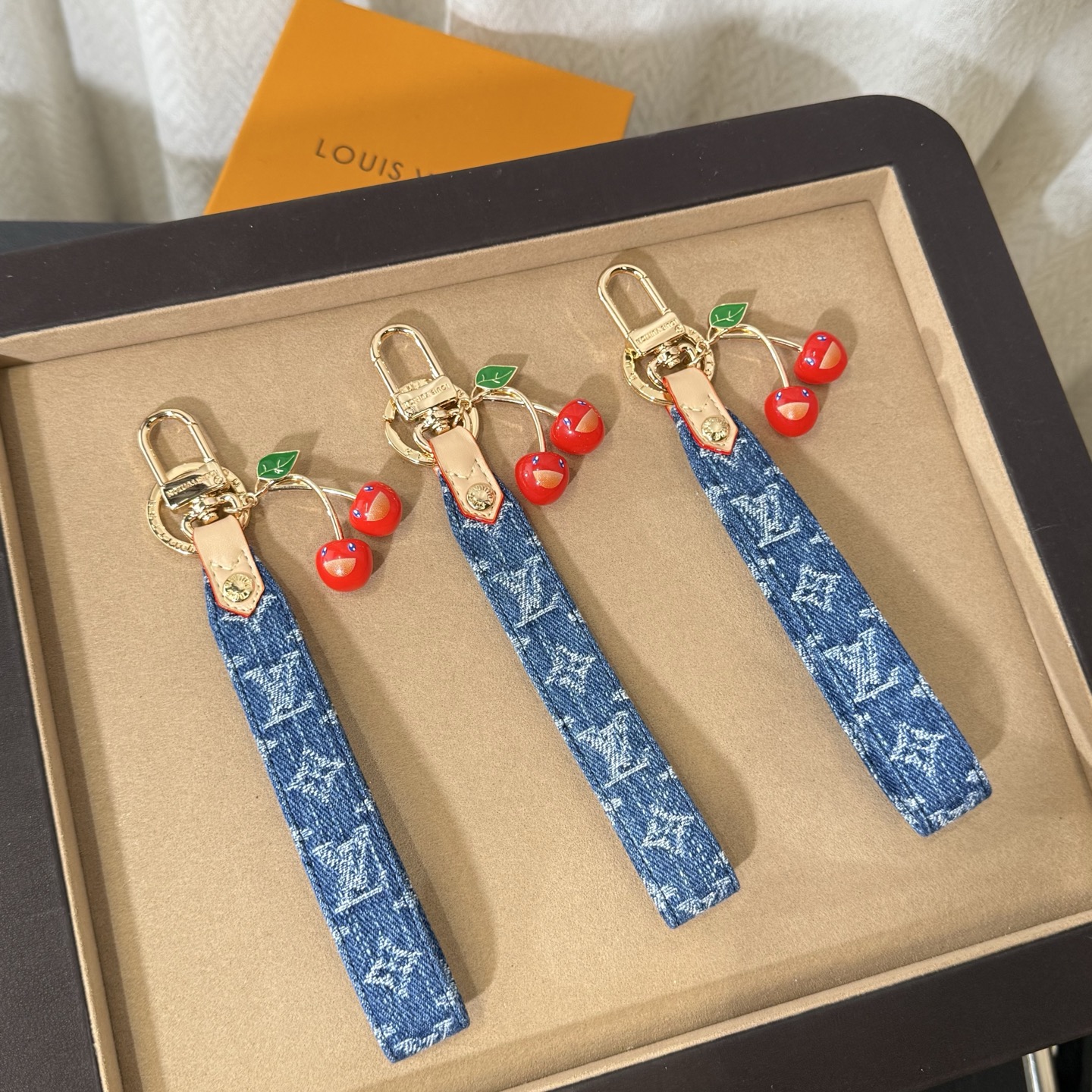 Louis Vuitton Key Chain LV X TM Denim Cerise Dragonne Embroidered Denim Keychain Bag Chain Accessories