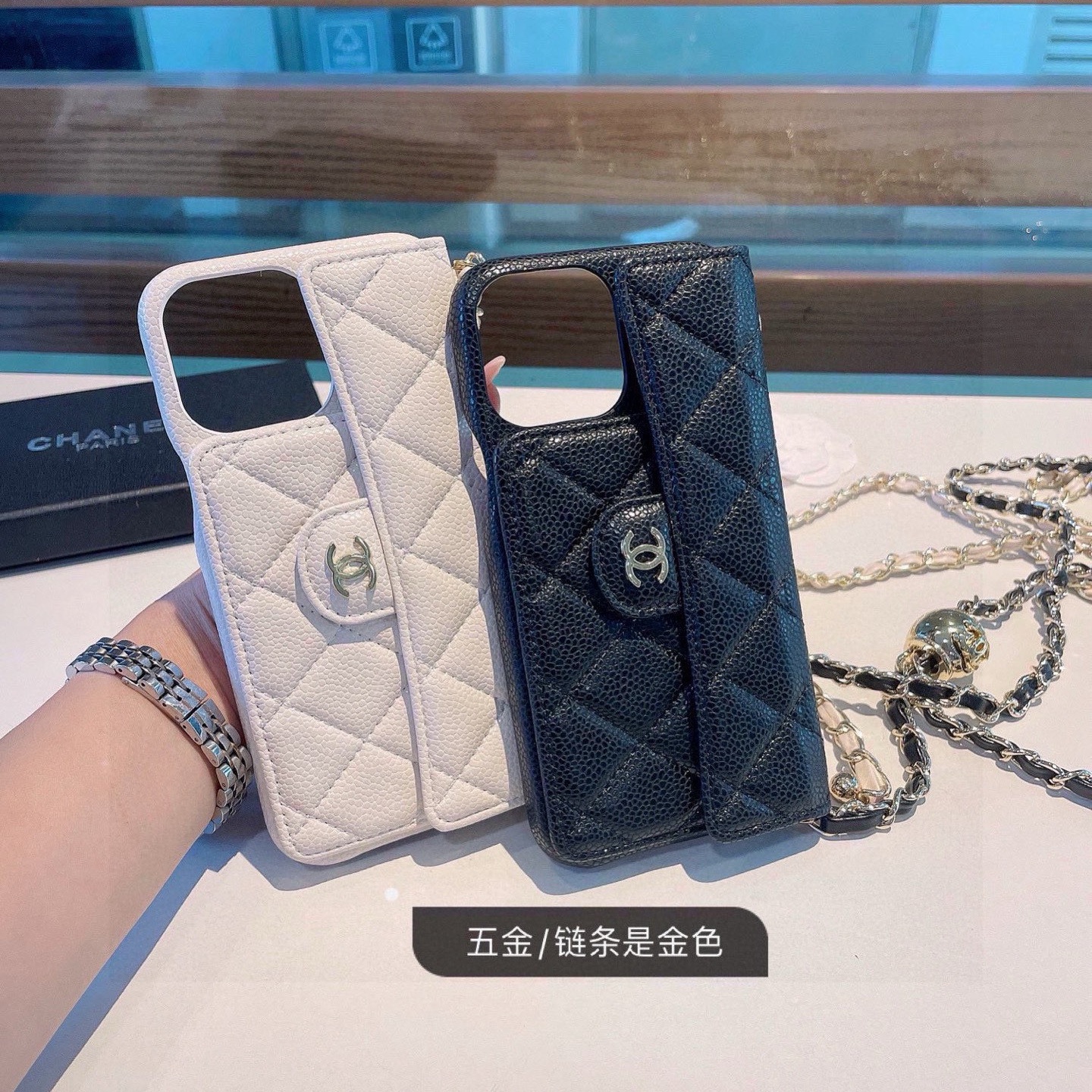 Chanel Phone Case Caviar Leather Phone Case With Double C Small Gold Ball And Flip Cover For Card Slot Accessories
