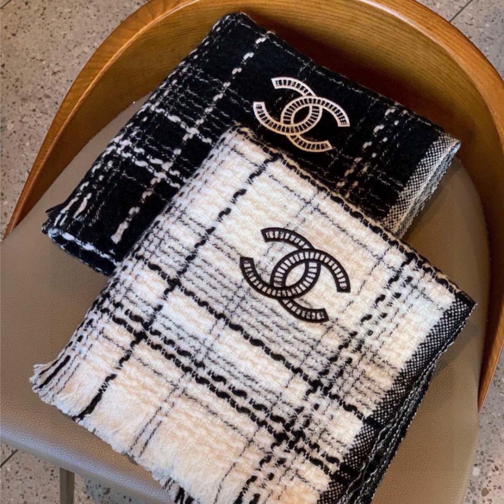 Chanel Scarf Double C Check Shawl 100% Cashmere 45*200cm Accessories