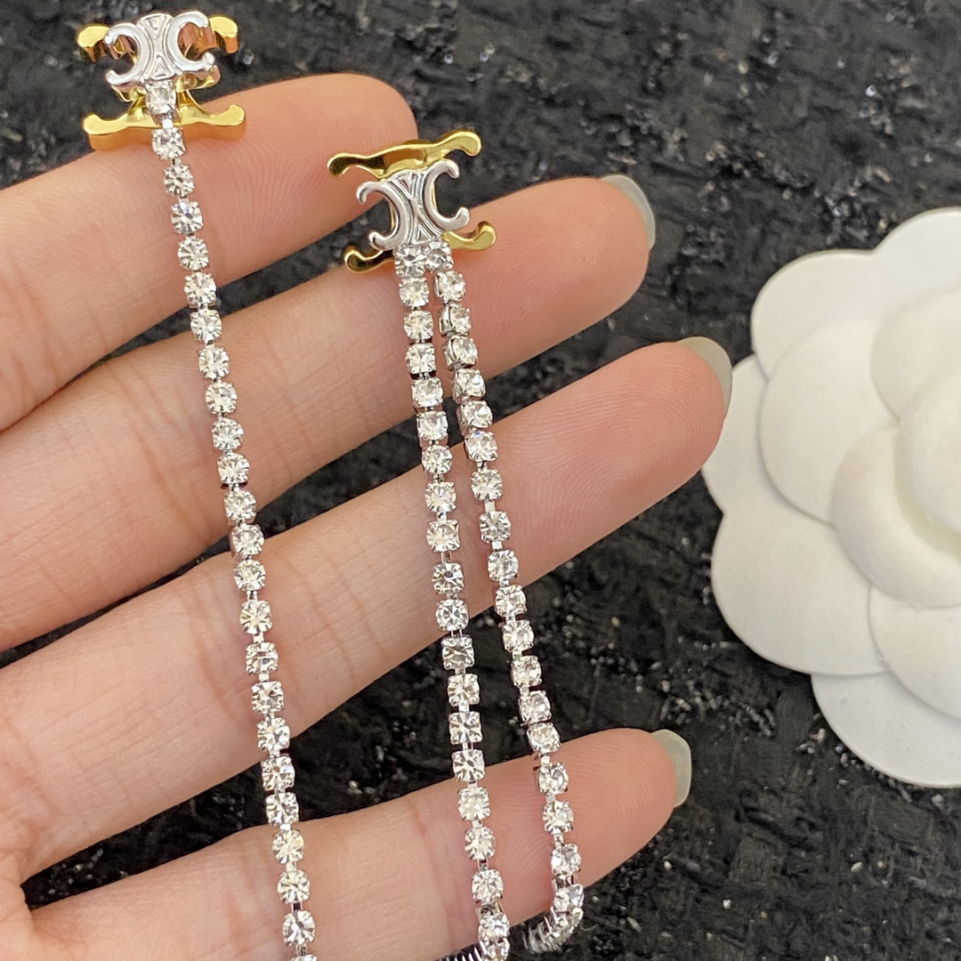 Celine Jewelry Earring Arc de Triomphe asymmetric rhinestone tassels