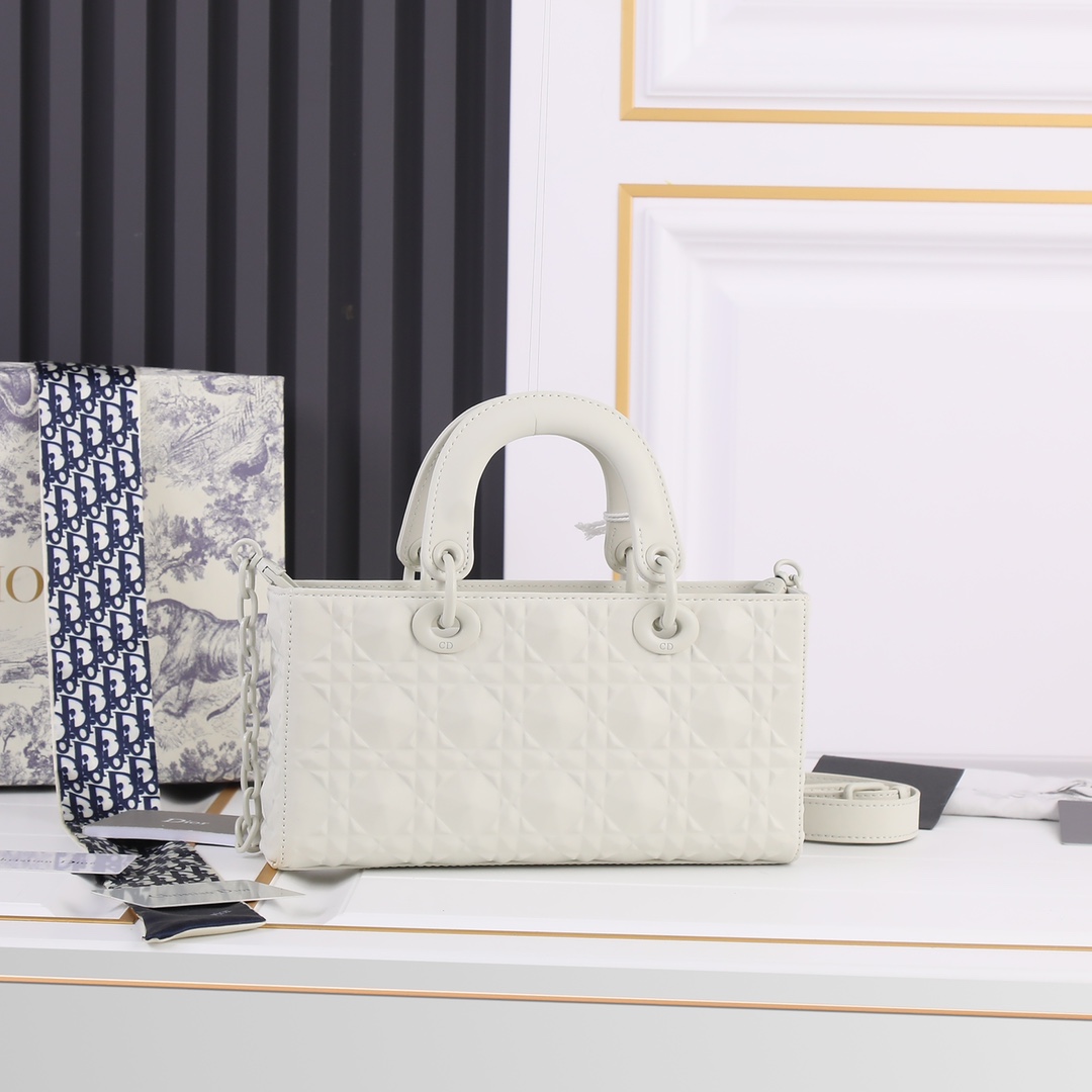 Medium Lady D-Joy Bag White with Diamond Motif 2099 XB012 26cm