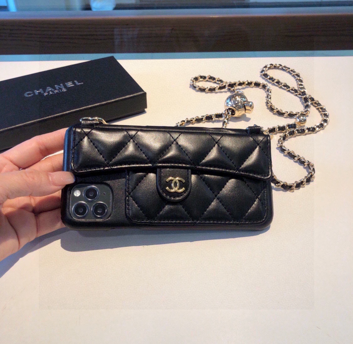 Chanel Phone Case Lambskin Phone Case With Double C Small Gold Ball And Flip Cover For Card Slot Accessories