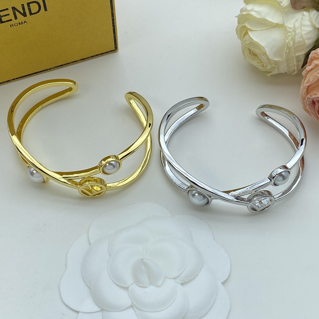 Fendi Jewelry Bangle Open Cross Pearl Design