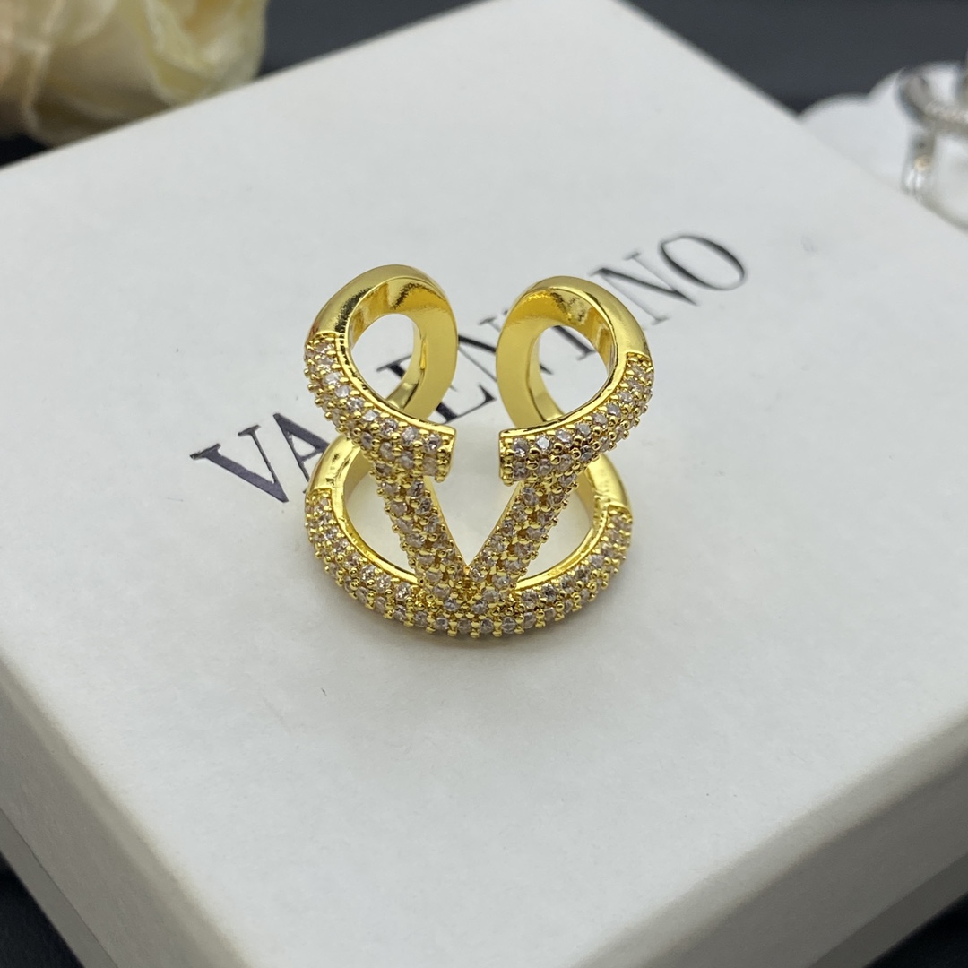 Valentino Jewelry Rings Rhinestone Full-Diamond Large V-Logo Wide Adjustable Ring