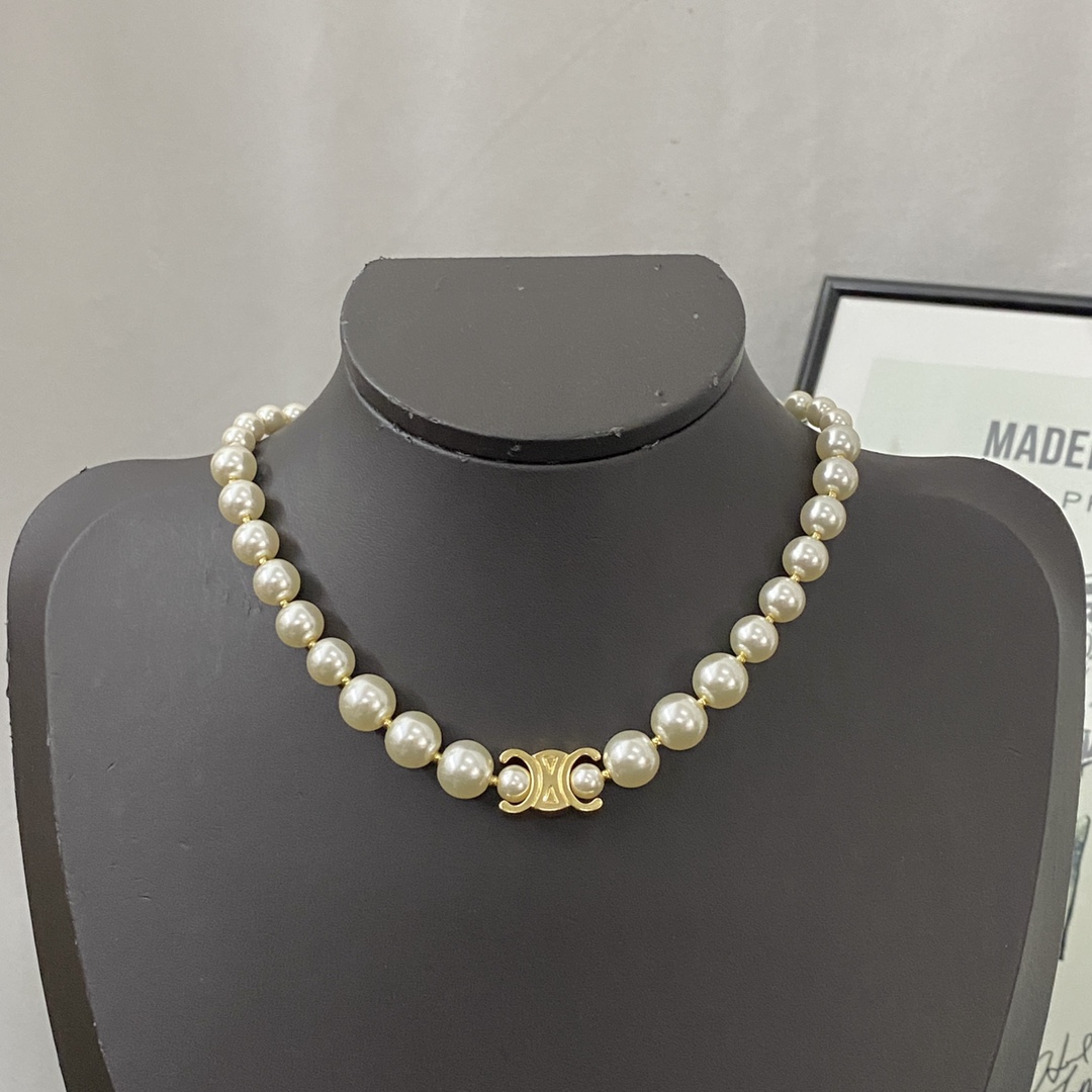 Celine Jewelry Necklace Arc de Triomphe logo Pearl Necklace