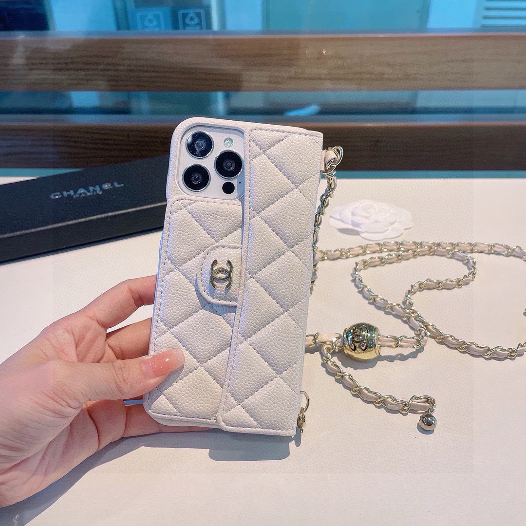 Chanel Phone Case Caviar Leather Phone Case With Double C Small Gold Ball And Flip Cover For Card Slot Accessories