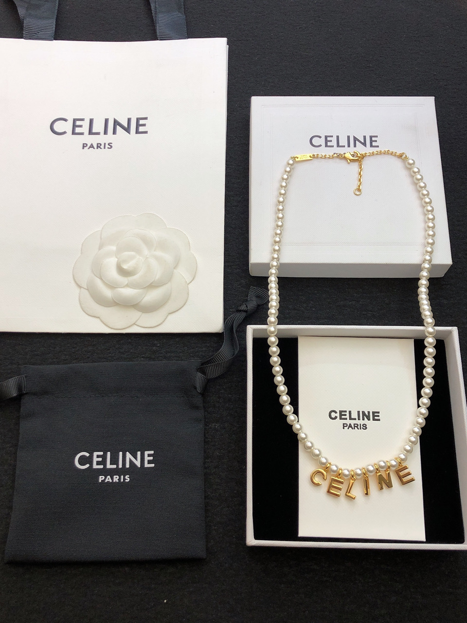 Celine Jewelry Necklace Pearl letter necklace with small pearls and small gold logo letters