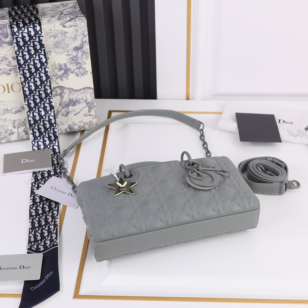 Medium Lady D-Joy Bag Gray with Diamond Motif 2099 XB012 26cm