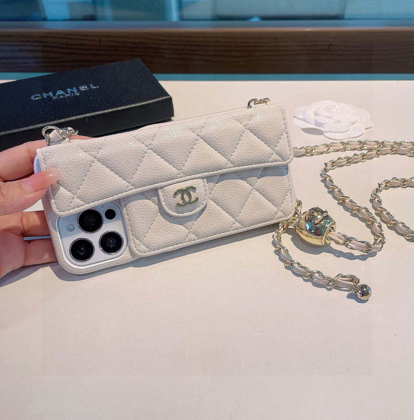 Chanel Phone Case Caviar Leather Phone Case With Double C Small Gold Ball And Flip Cover For Card Slot Accessories