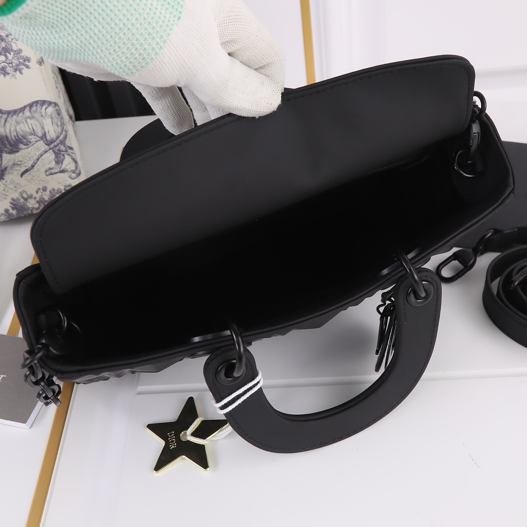 Medium Lady D-Joy Bag Black with Diamond Motif 2099 XB012 26cm