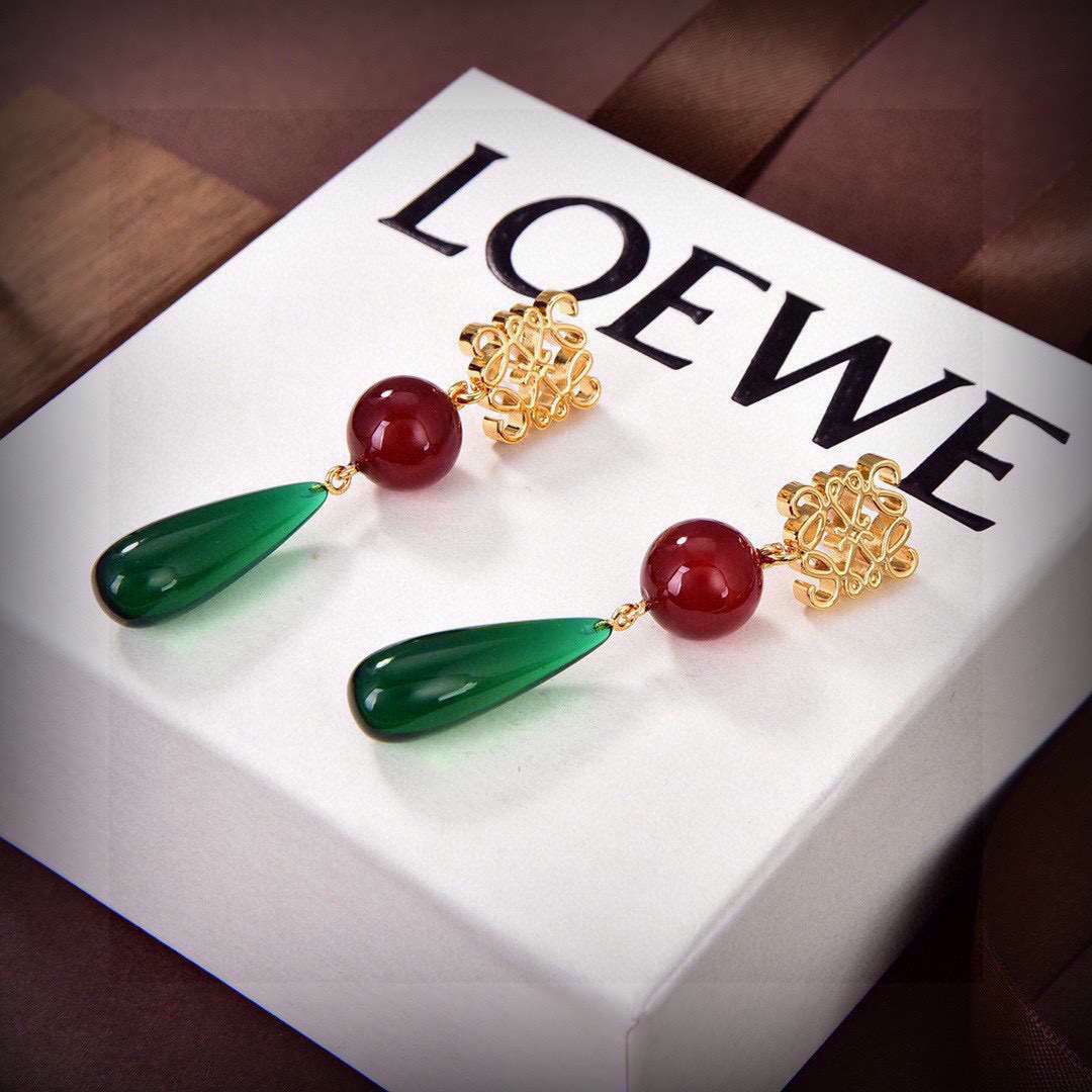 Loewe Jewelry Earring Green Teardrop Pendant Anagram Logo Earrings