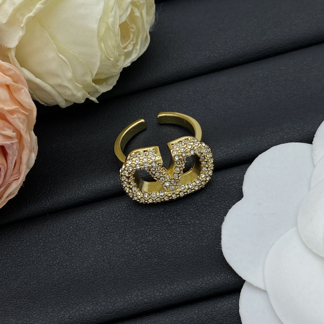 Valentino Jewelry Rings Rhinestone Full-Diamond V-Logo Adjustable Ring